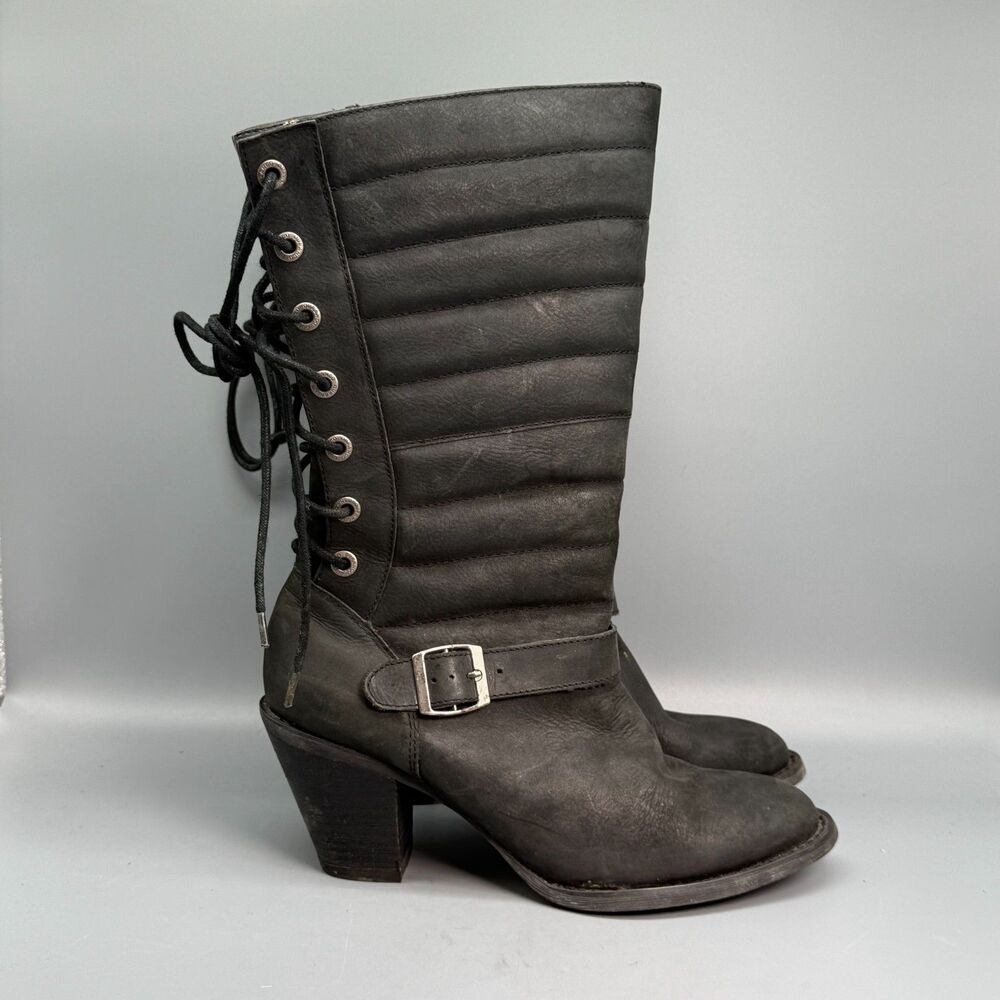 Durango Austin 12" Lace Womens 8.5 Black Leather Block Heel Almond Western Boots